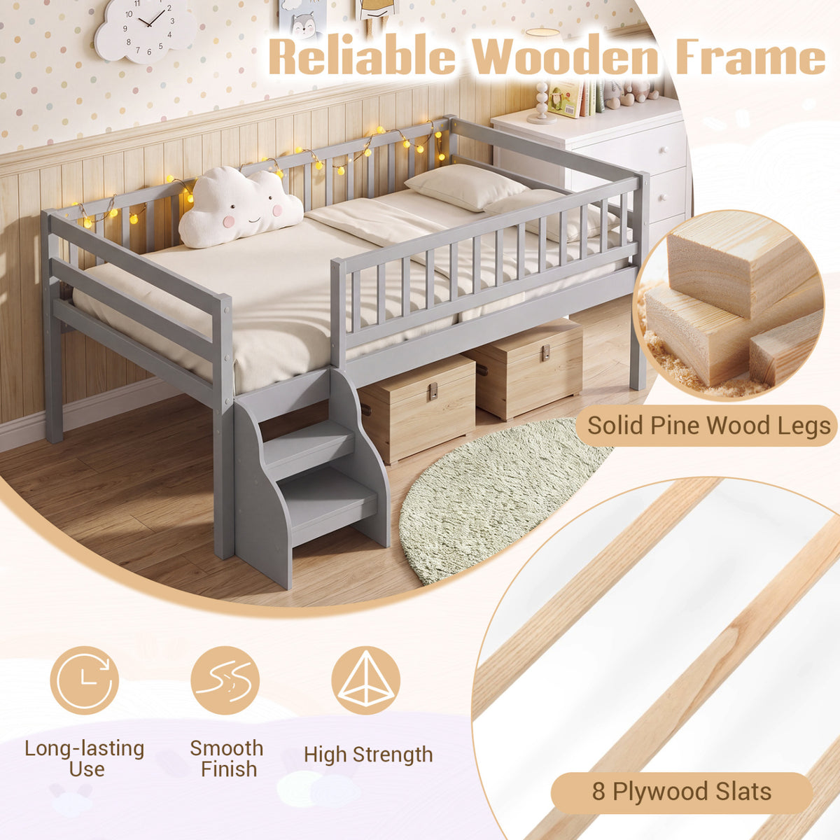 Twin Montessori Bed with Stairs and Guardrails