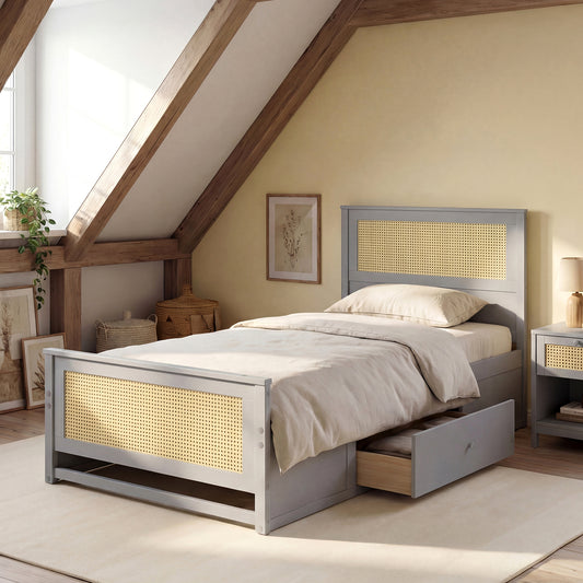 Twin Size Rattan Bed Frame with Storage Drawers-Gray