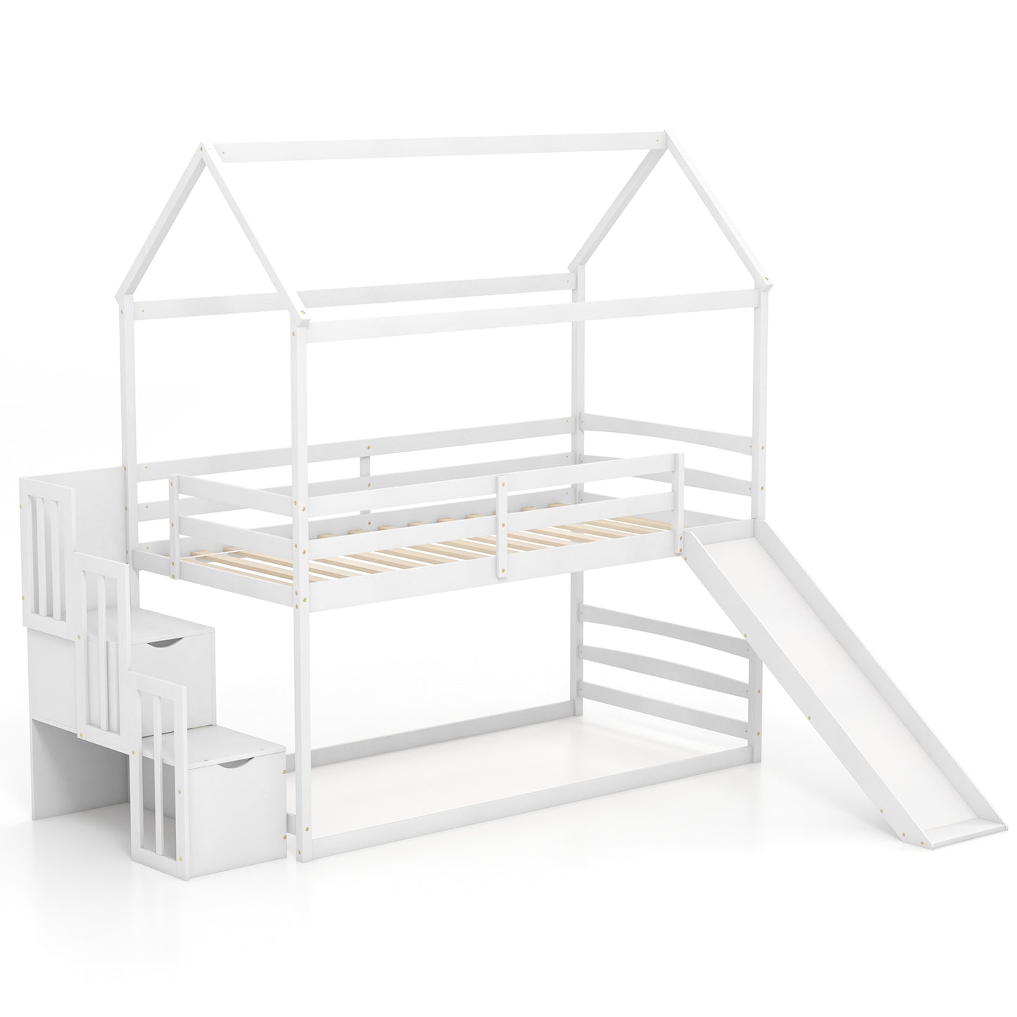 Twin over Twin Bunk Bed with Slide and 2-Step Storage Staircase-Gray - White