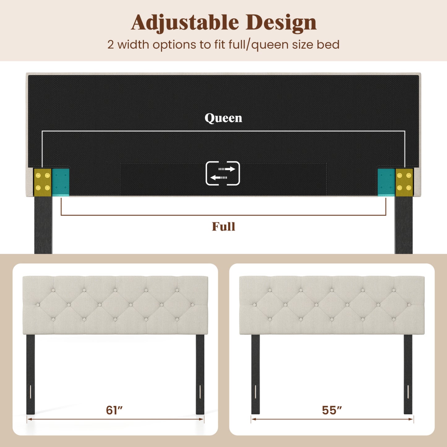 Upholstered Tufted Headboard Queen/Full Size with Adjustable Legs