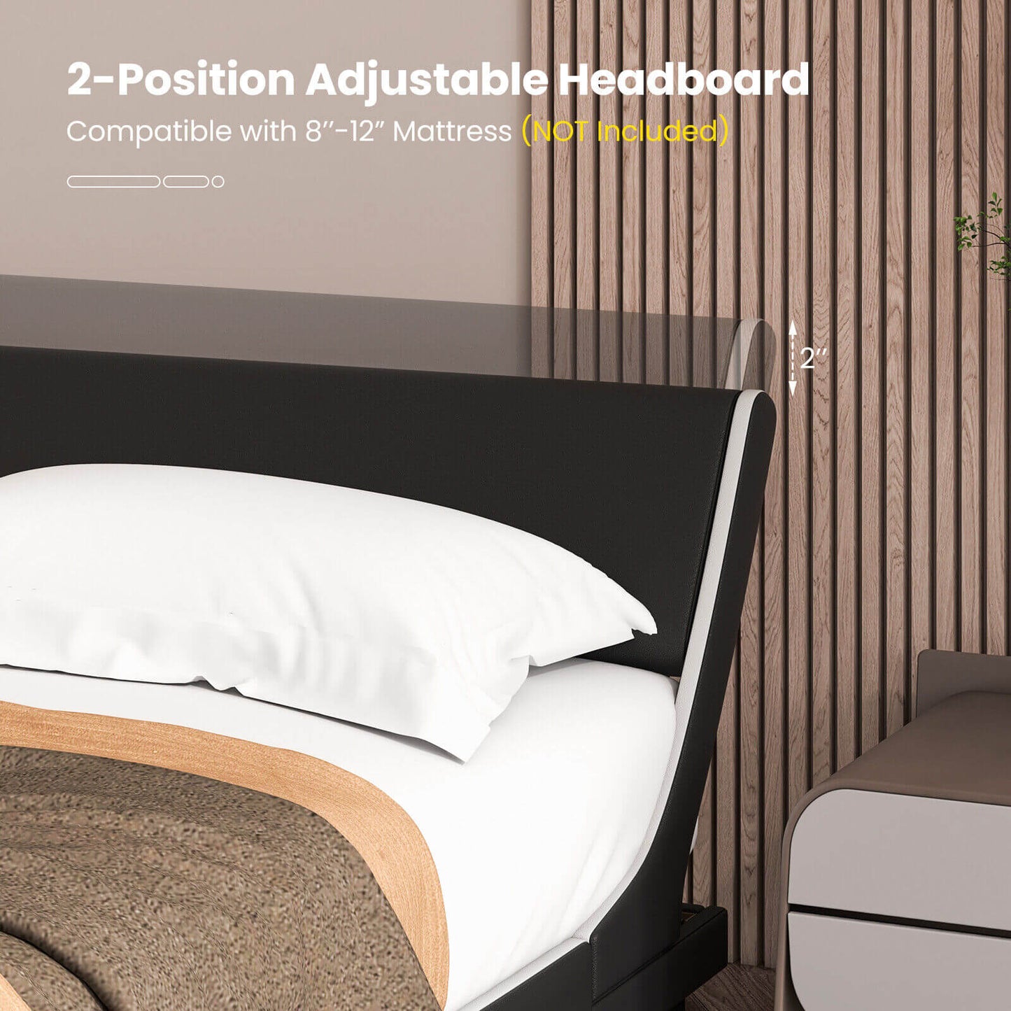 Upholstered Platform Bed Frame Low Profile Faux Leather with Curved Headboard-King Size