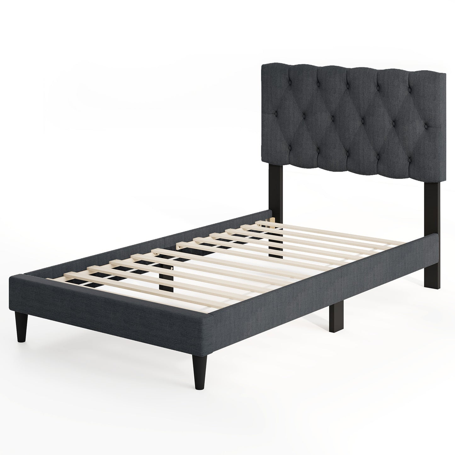 Upholstered Platform Bed with Tufted Headboard and Wooden Slats Gray-Full Size - Twin Size