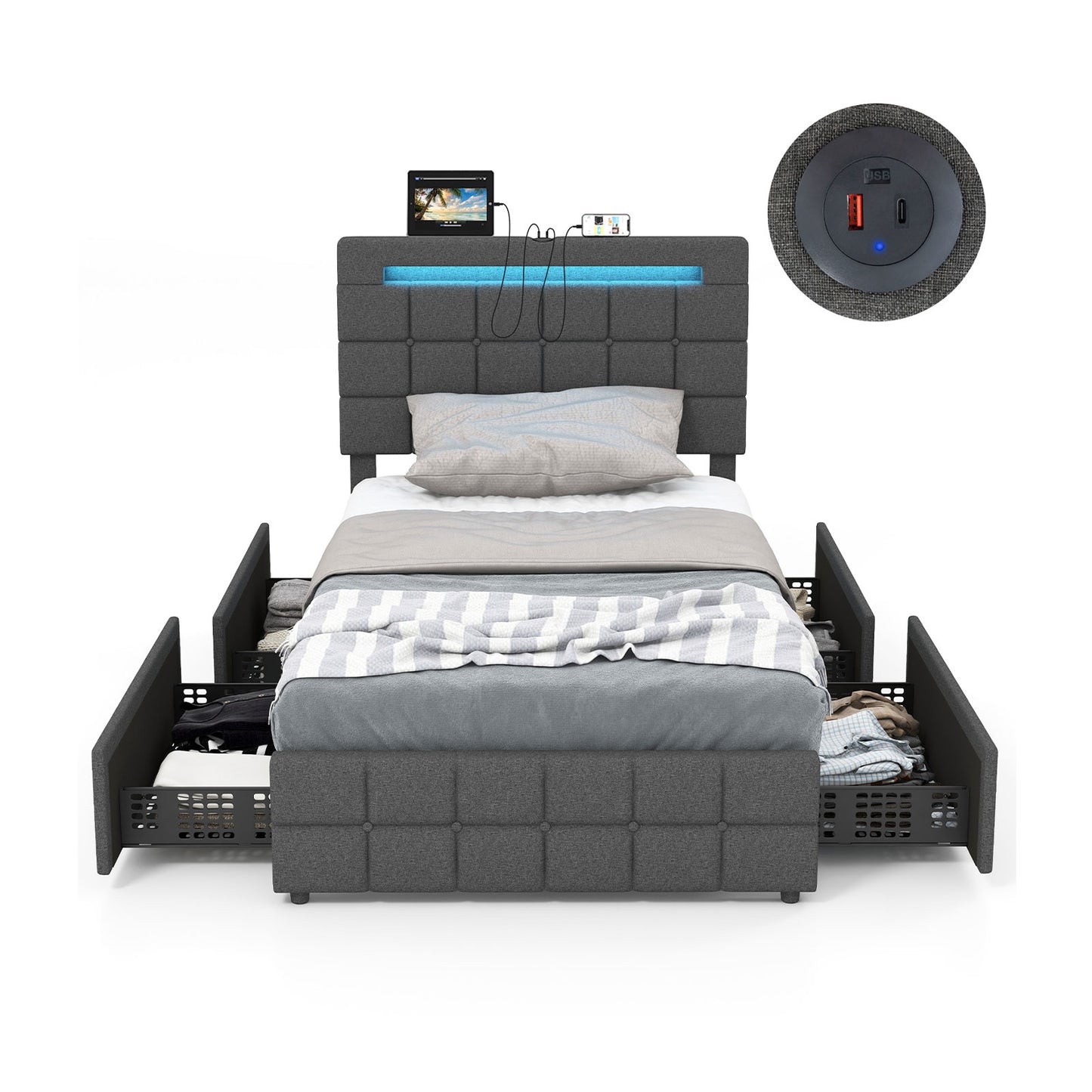 Upholstered LED Bed Frame with Headboard and 4 Drawers-Twin Size - Twin Size