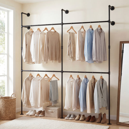 Wall Mounted Pipe Clothing Rack with 4 Hanging Rods