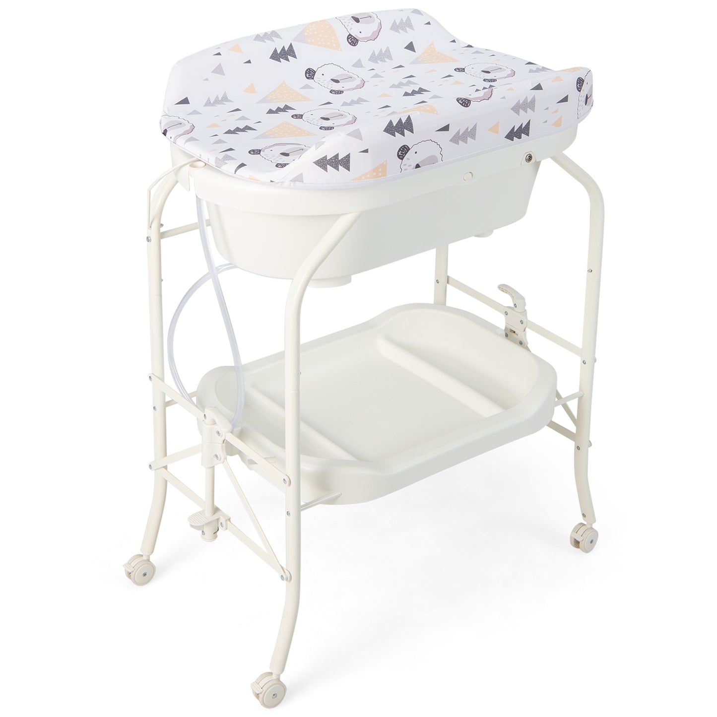 Folding Baby Changing Table with Bathtub and 4 Universal Wheels-Pink - White