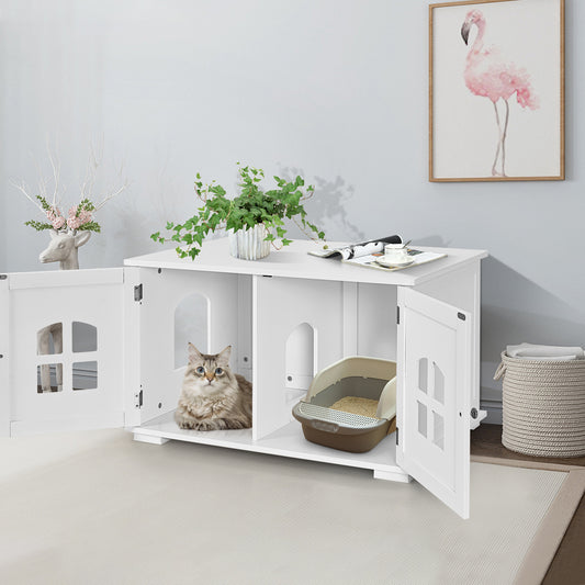 Large Wooden Cat Litter Box Enclosure Hidden Cat Washroom with Divider