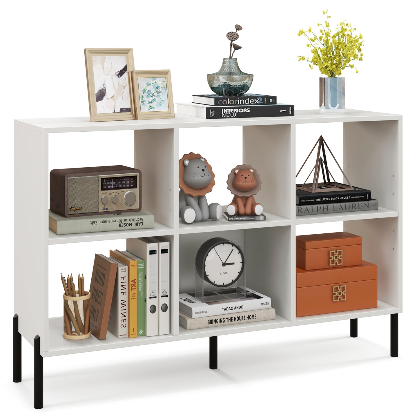 Open-Back Bookshelf with Drawer for Study-Black - White