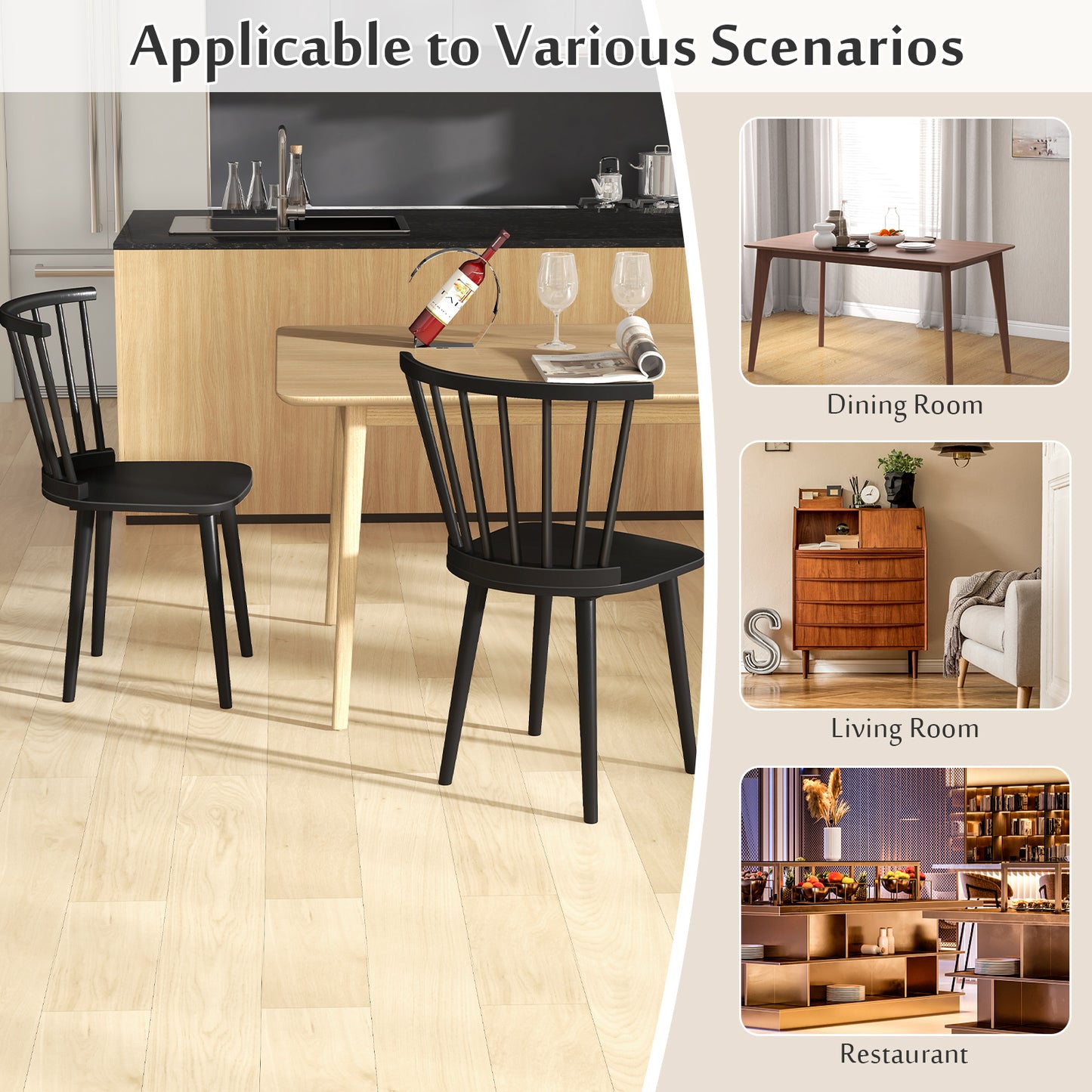 Windsor Dining Chairs Set of 2 Rubber Wood Kitchen Chairs with Spindle Back