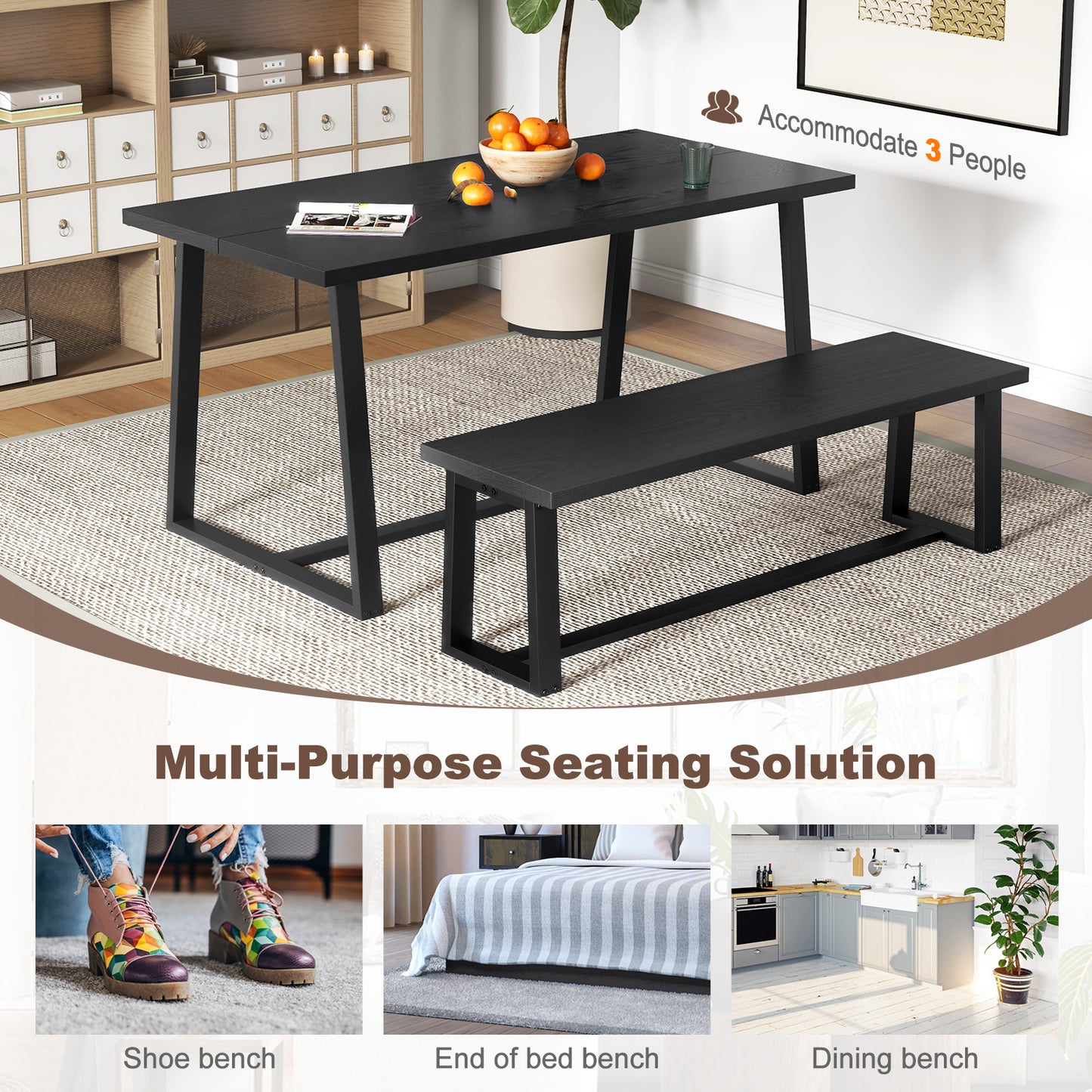 Wood Dining Bench with Metal Frame and Adjustable Footpads-Black