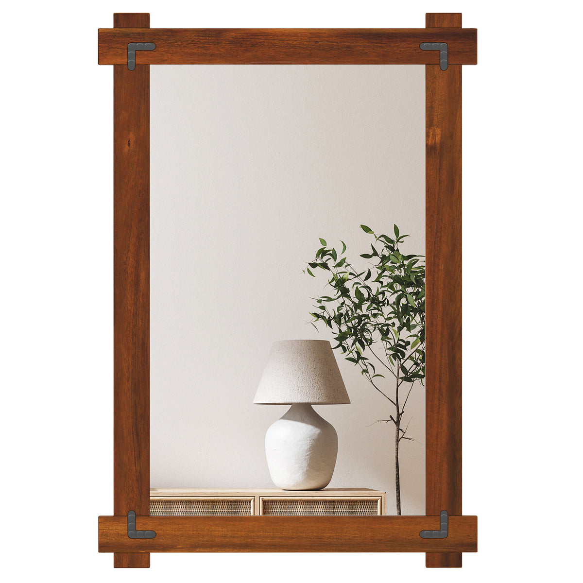 Wood Framed Mirror with Acacia Wood Frame and Vintage Rivet Design Brown-S - M