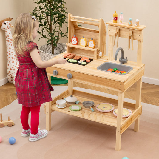 Wooden Barbecue Grill Playset with Play Food and Open Shelves-Natural