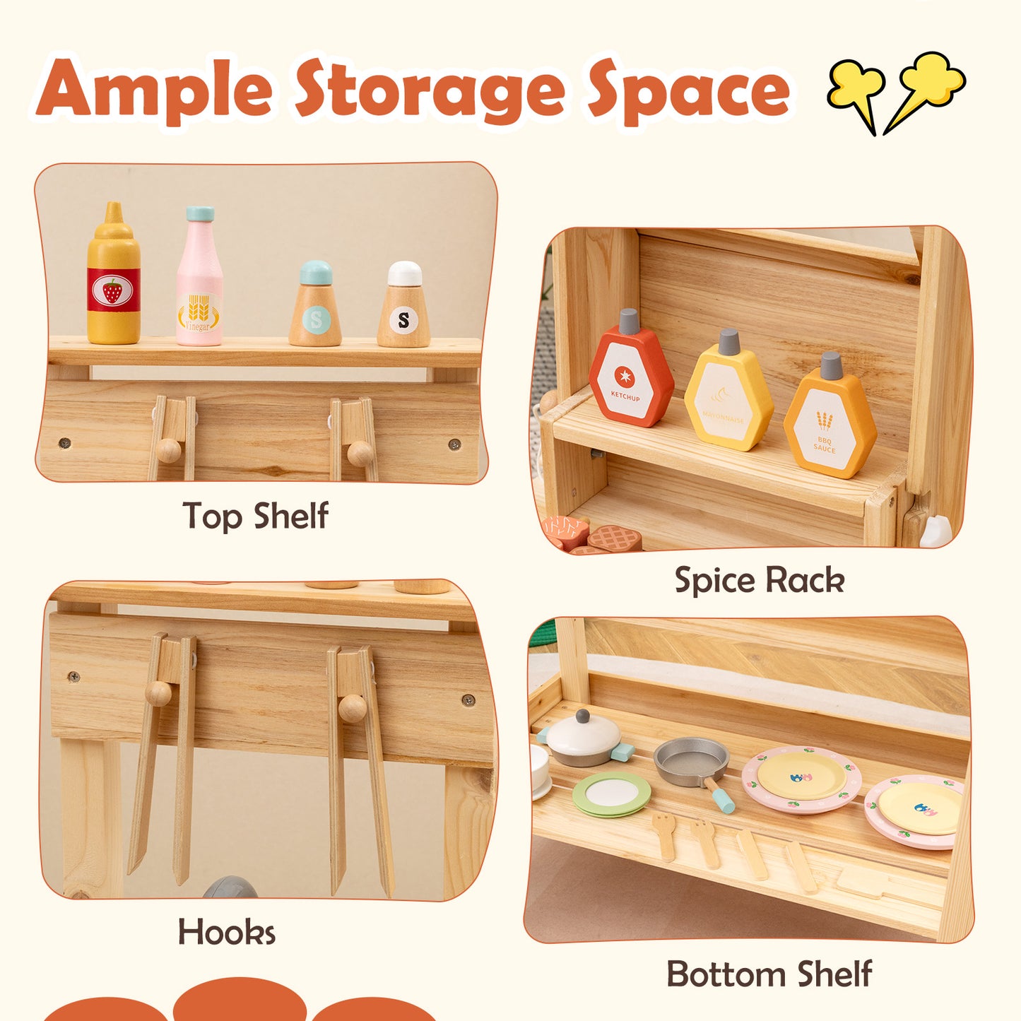 Wooden Barbecue Grill Playset with Play Food and Open Shelves-Natural