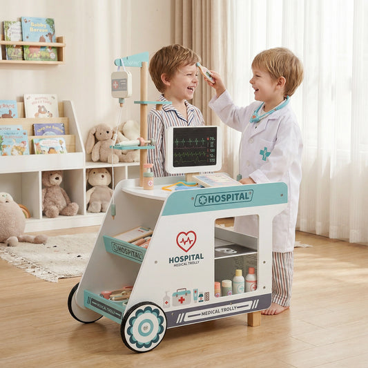 Wooden Doctor Playset for Kids Pretend Play Doctor Kit with Cart Gift for Toddlers Boys Girls Aged 3+-Green