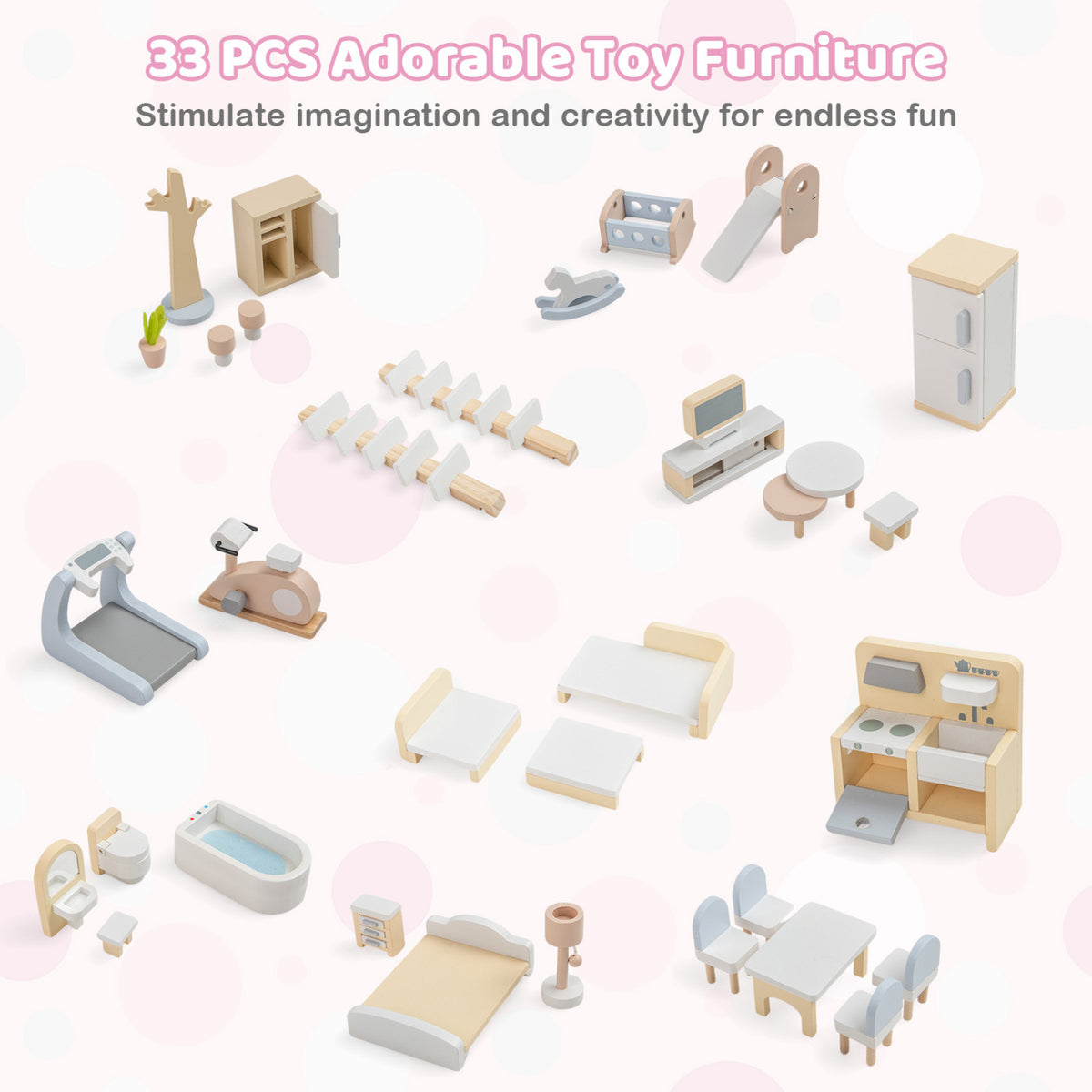 Wooden Dollhouse with 33 Furniture Pieces - 3 Story Playhouse