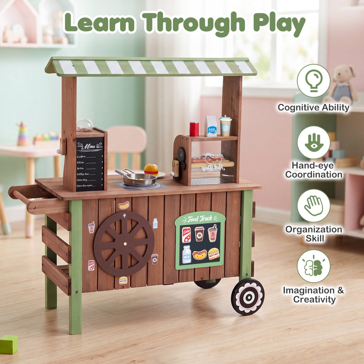 Wooden Grocery Store Playset with Wheels for Kids