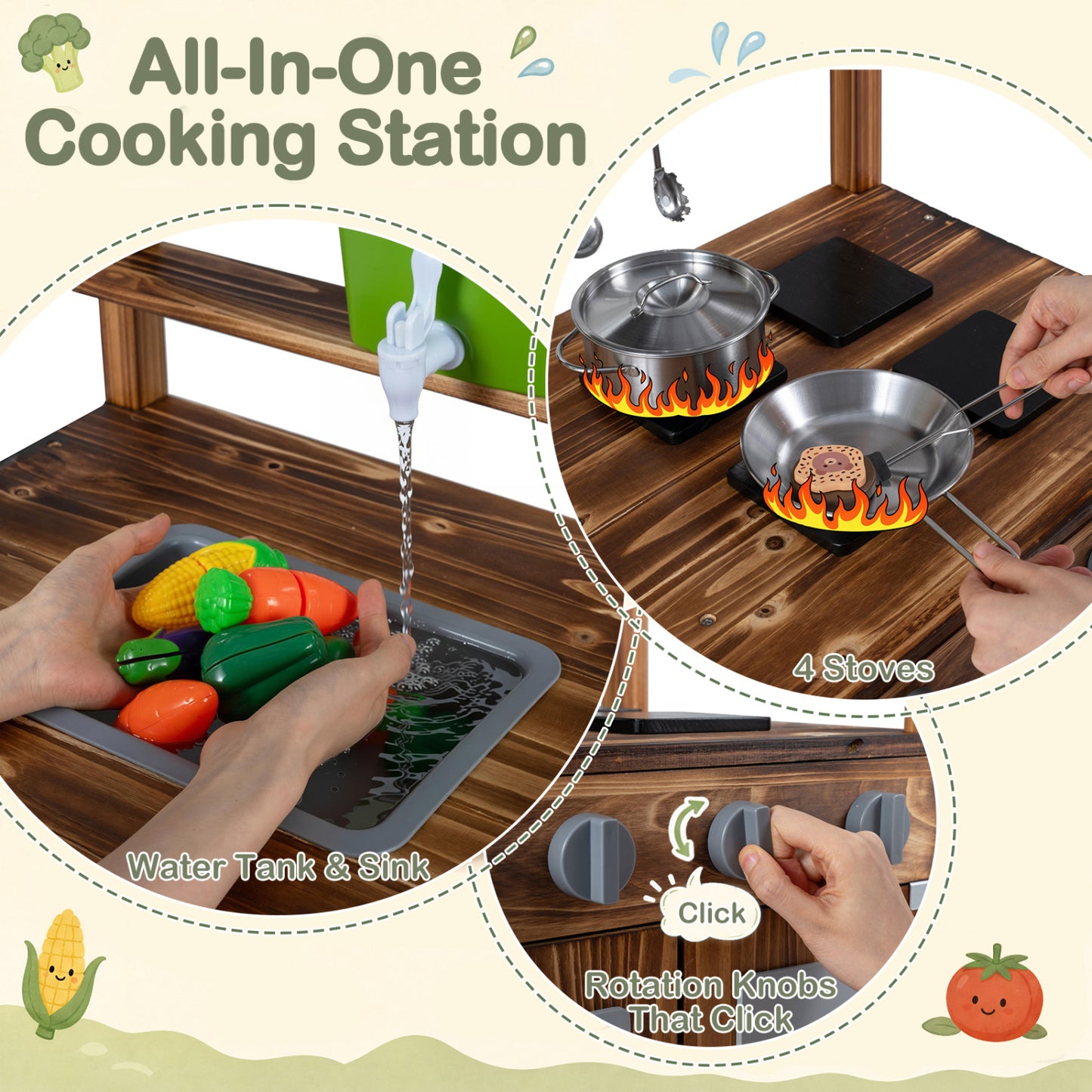 Wooden Mud Kitchen with 8 Accessories & Chalkboard for Kids 3+