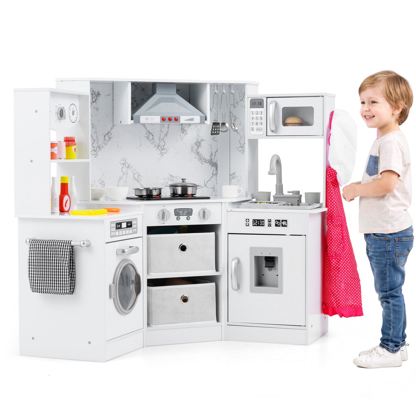 Wooden Kids Play Kitchen Playset with Realistic Lights and Sounds-Pink - White