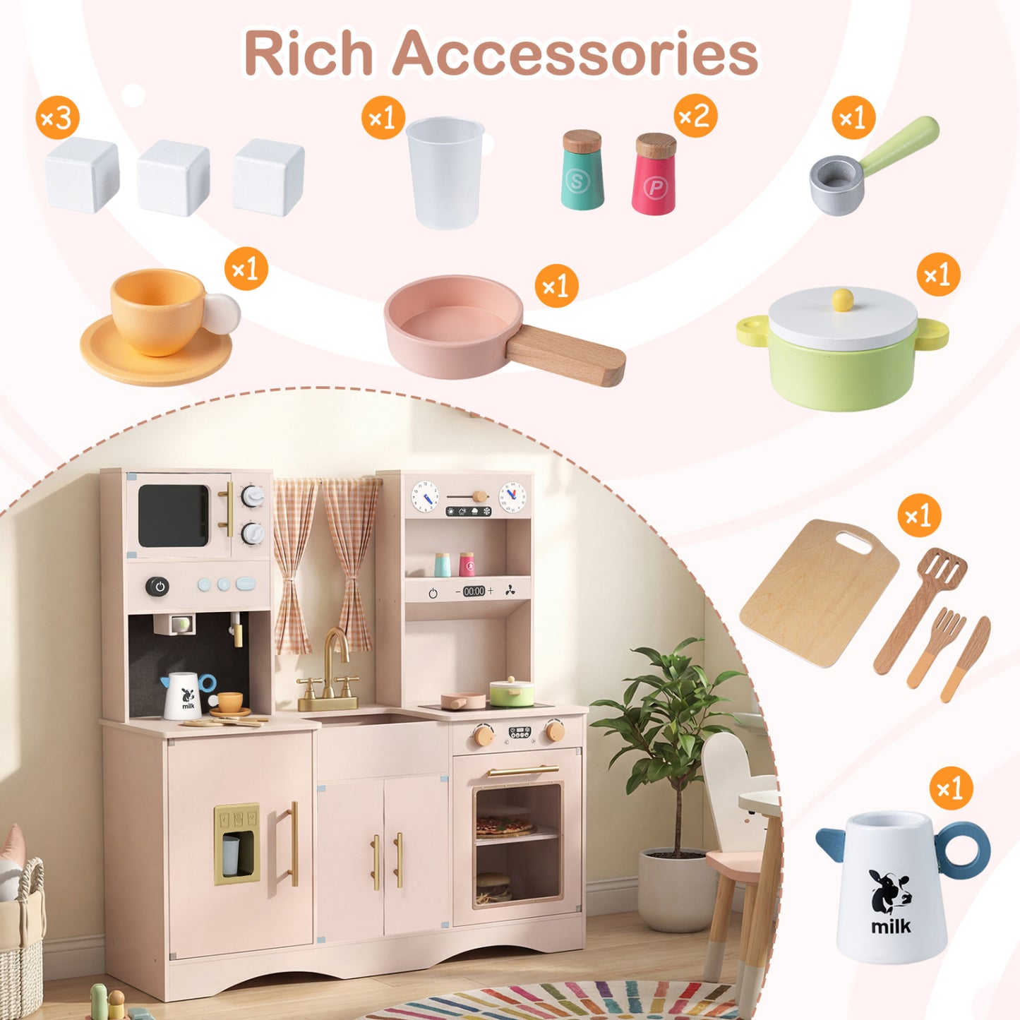 Wooden Play Kitchen Set with Microwave and Coffee Maker