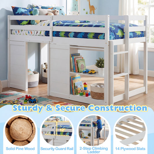 Wooden Low Kids Loft Bed with LED Lights and 2 Doors-White