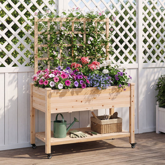 Wooden Mobile Raised Garden Bed on Wheels with Trellis