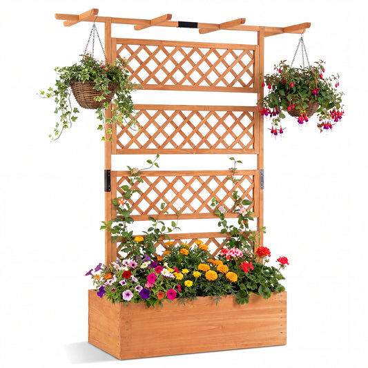 Wooden Planter Box with Lattice Trellis Raised Garden Bed Privacy Screen with Flat Roof
