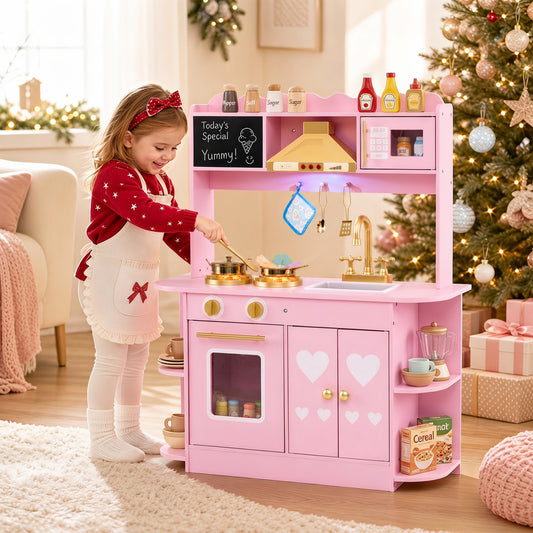 Wooden Play Kitchen with Lights & Sounds for Toddlers 3+