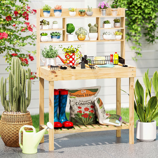 Wooden Potting Bench Table Garden Planting Workstation with 3-Tier Open Shelf-Natural