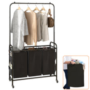 3 Bags Laundry Sorter with Garment Hanging Bar Laundry Hamper Rolling Cart Laundry Basket Organizer