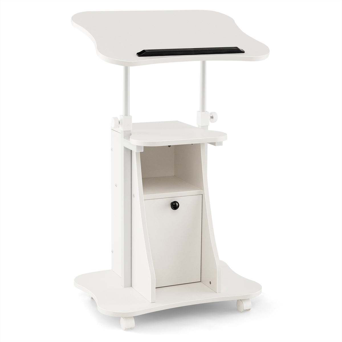 Adjustable Mobile Standing Desk Cart with Tilt Desktop and Cabinet-White - White