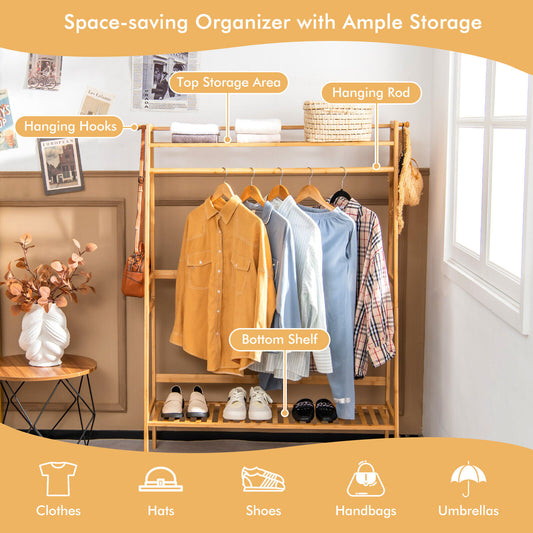 Bamboo Clothing Rack with Storage Shelves-Natural