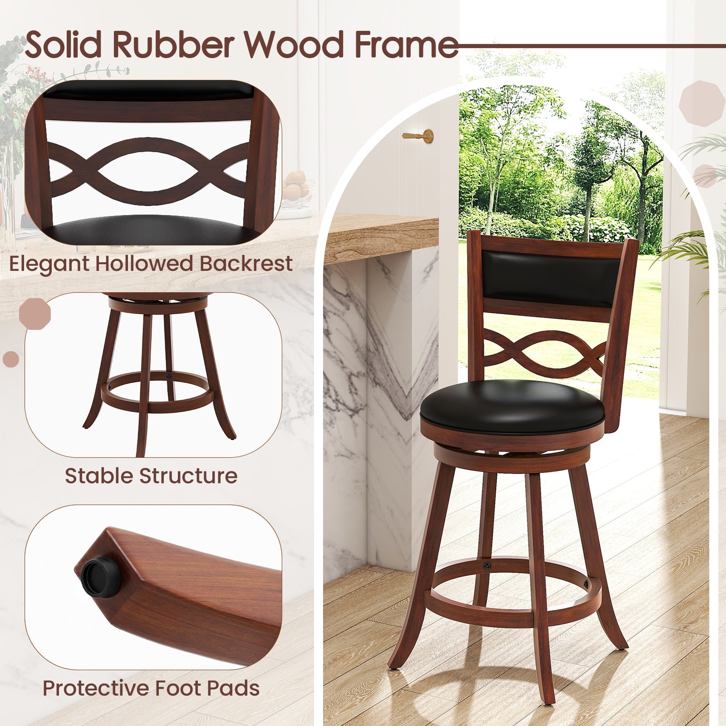 Bar Stools Set of 2 with Rubber Wood Frame and Faux Leather Upholstered Seat
