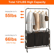 3 Bags Laundry Sorter with Garment Hanging Bar Laundry Hamper Rolling Cart Laundry Basket Organizer