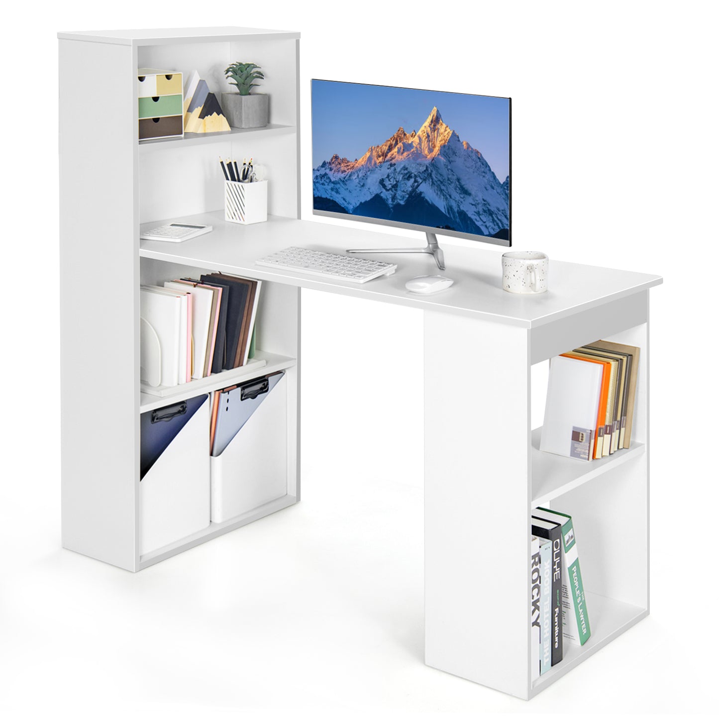 Computer Desk Writing Workstation Office with 6-Tier Storage Shelves-Black - White