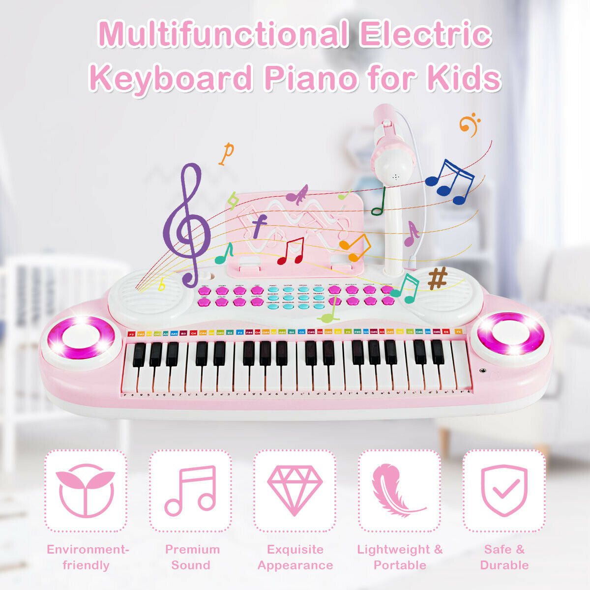 Multifunctional 37 Electric Keyboard Piano with Microphone-Blue - Pink