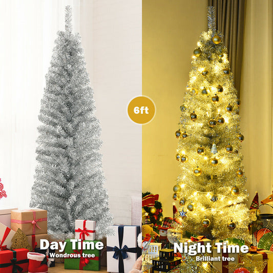 6 Feet Tinsel Tree Unlit Slim Pencil Christmas Tree-Silver
