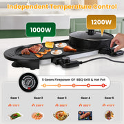 2 in 1 Electric Hot Pot with BBQ Grill Cooker 2200W Smokeless Non-Stick Korean BBQ Grill Shabu Shabu Hot Pot with Independent Temperature Control 5 Ge