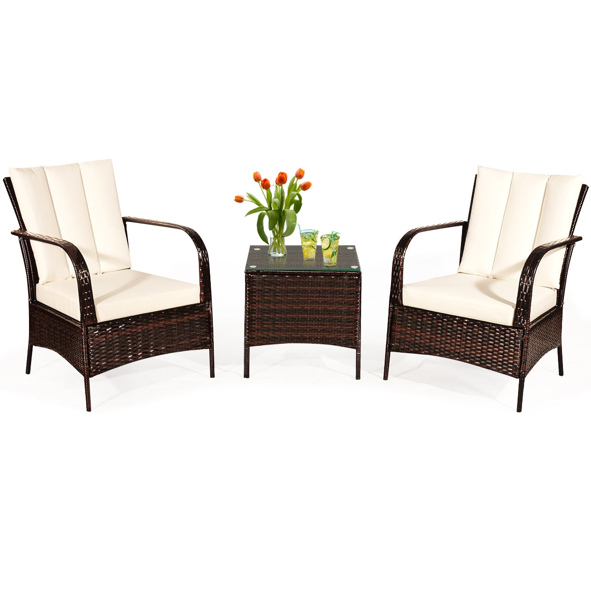 3 Pcs Patio Conversation Rattan Furniture Set with Glass Top Coffee Table and Cushions-White - White