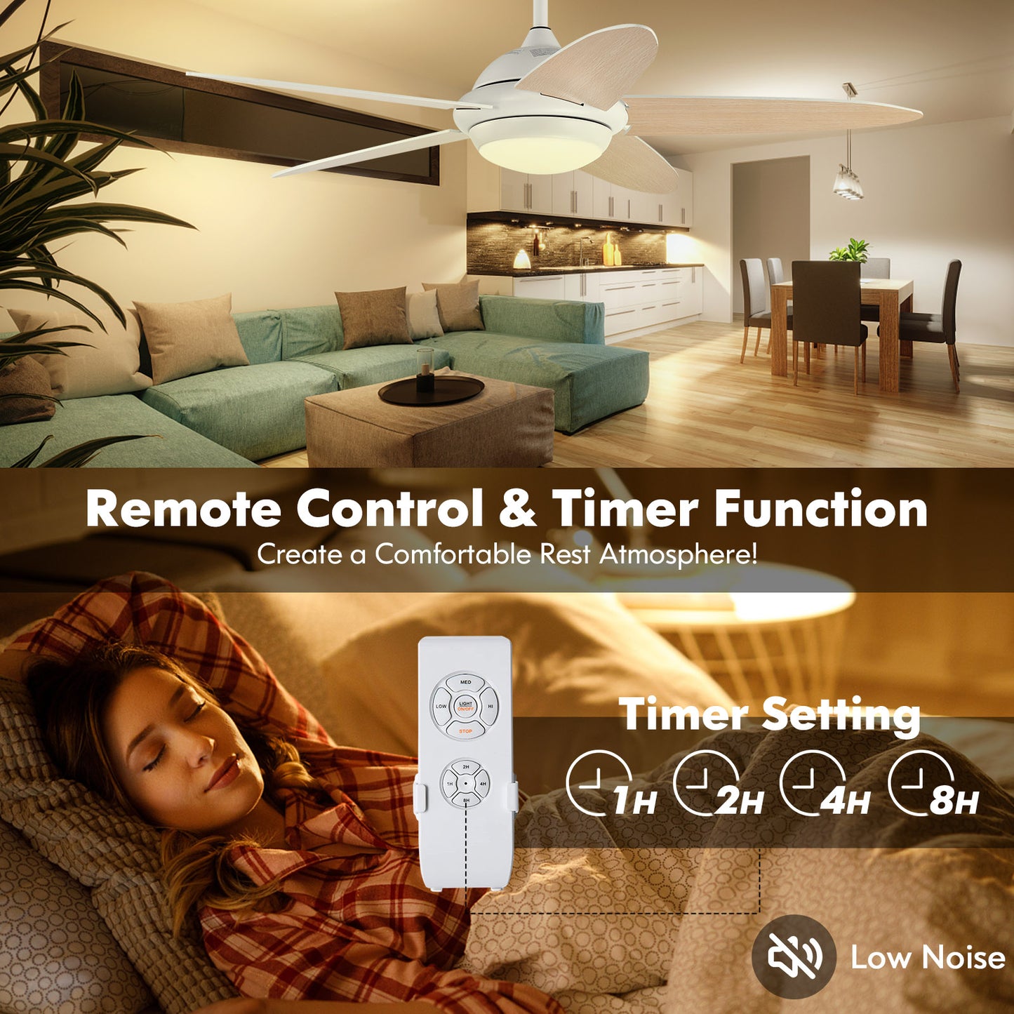 52 Inch Ceiling Fan with Lights and 3 Lighting Colors-White - White