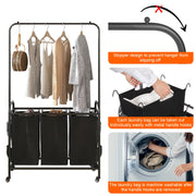3 Bags Laundry Sorter with Garment Hanging Bar Laundry Hamper Rolling Cart Laundry Basket Organizer