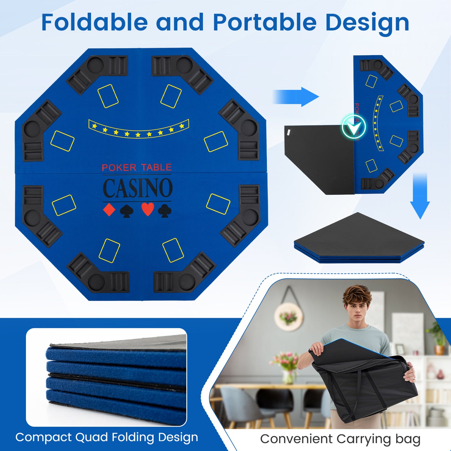 8-Player Foldable Poker Table Top with Carrying Bag