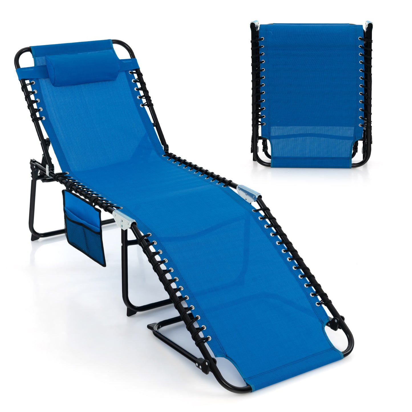 Foldable Recline Lounge Chair with Adjustable Backrest and Footrest-Black - Blue