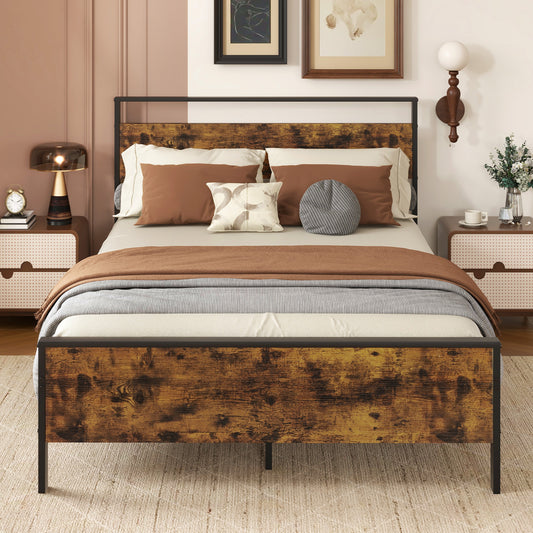 King Metal Bed Frame Industrial Platform Bed with Wooden Headboard