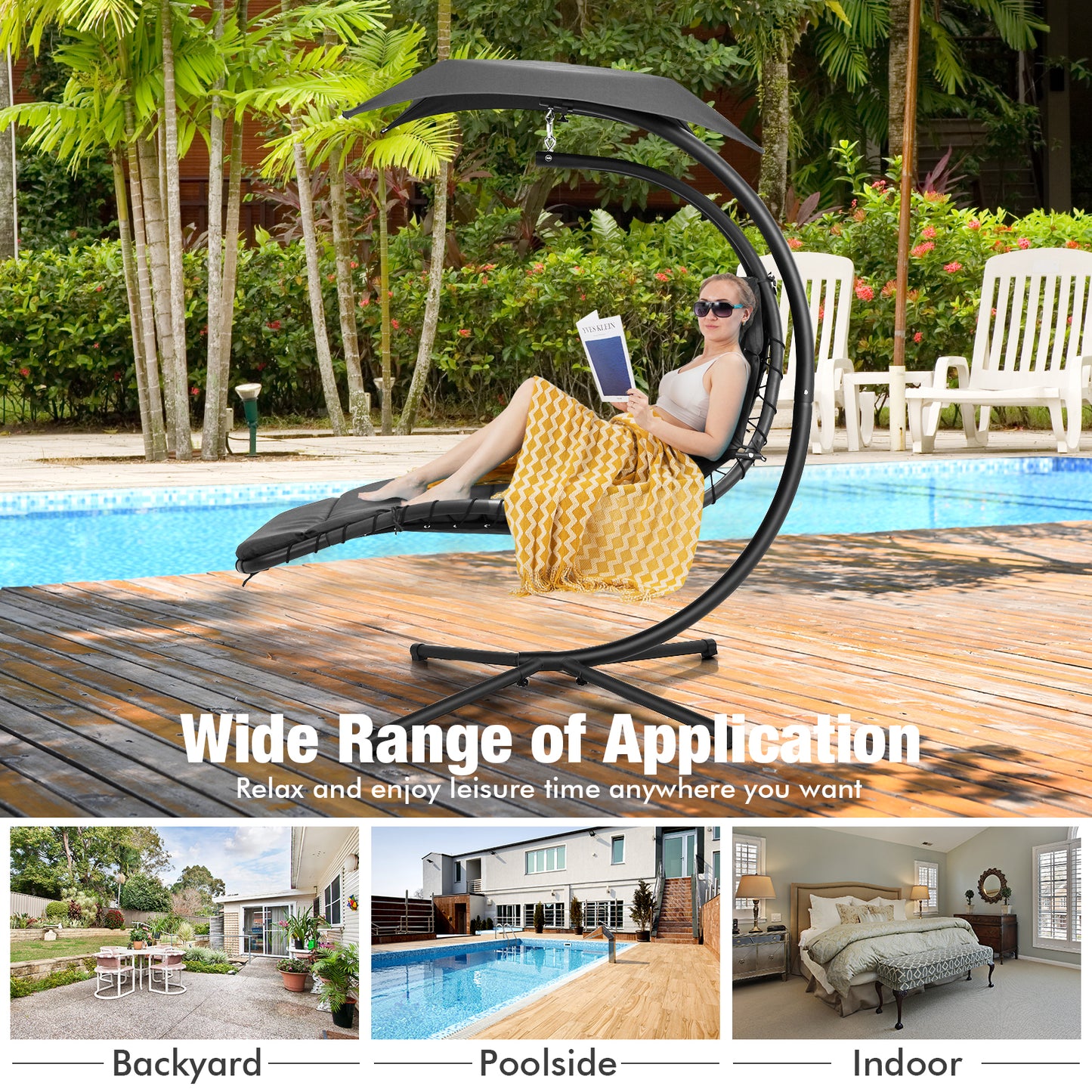 Hanging Curved Steel Swing Chaise Lounger with Removable Canopy-Gray