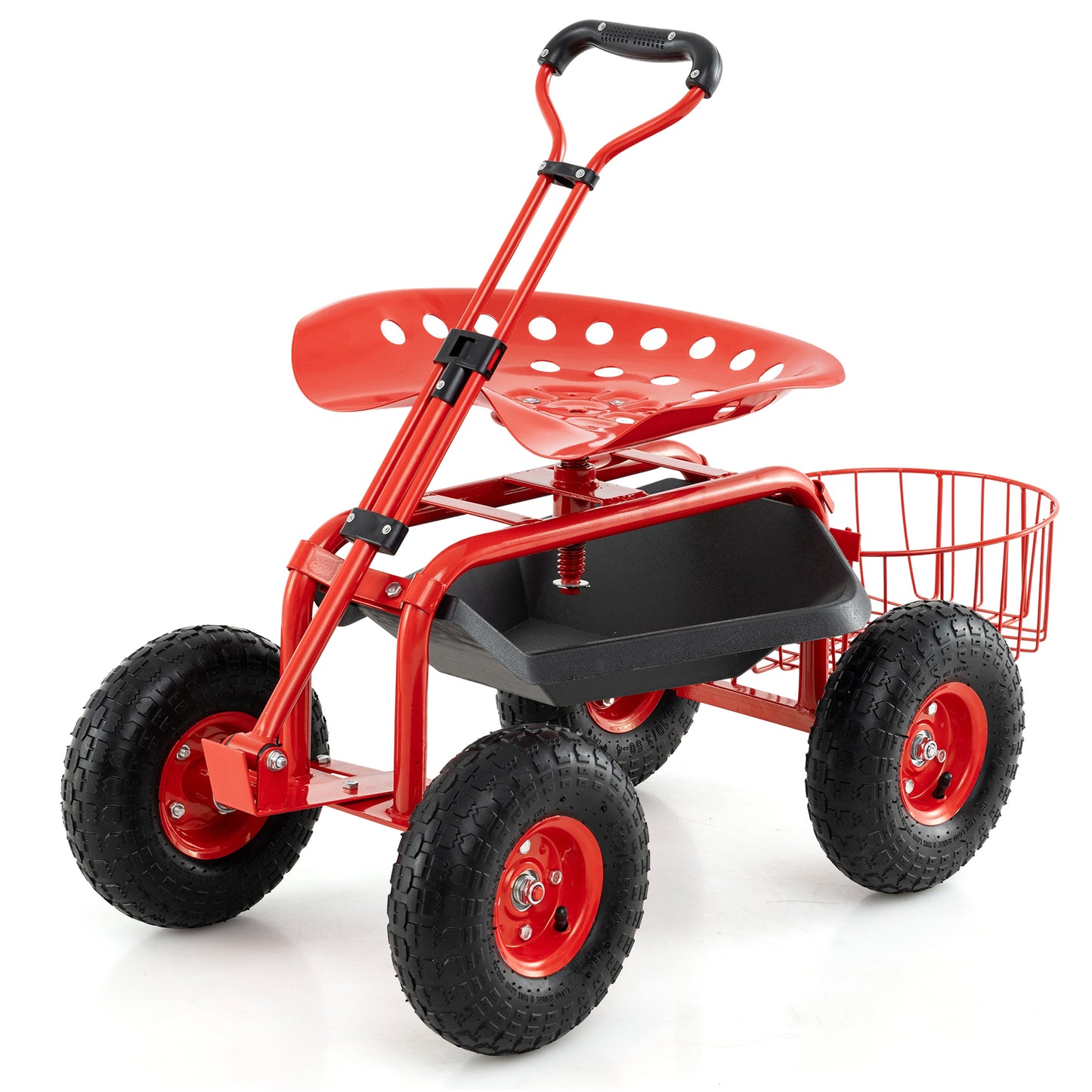 Heavy Duty Garden Cart with Tool Tray and 360 Swivel Seat-Green - Red