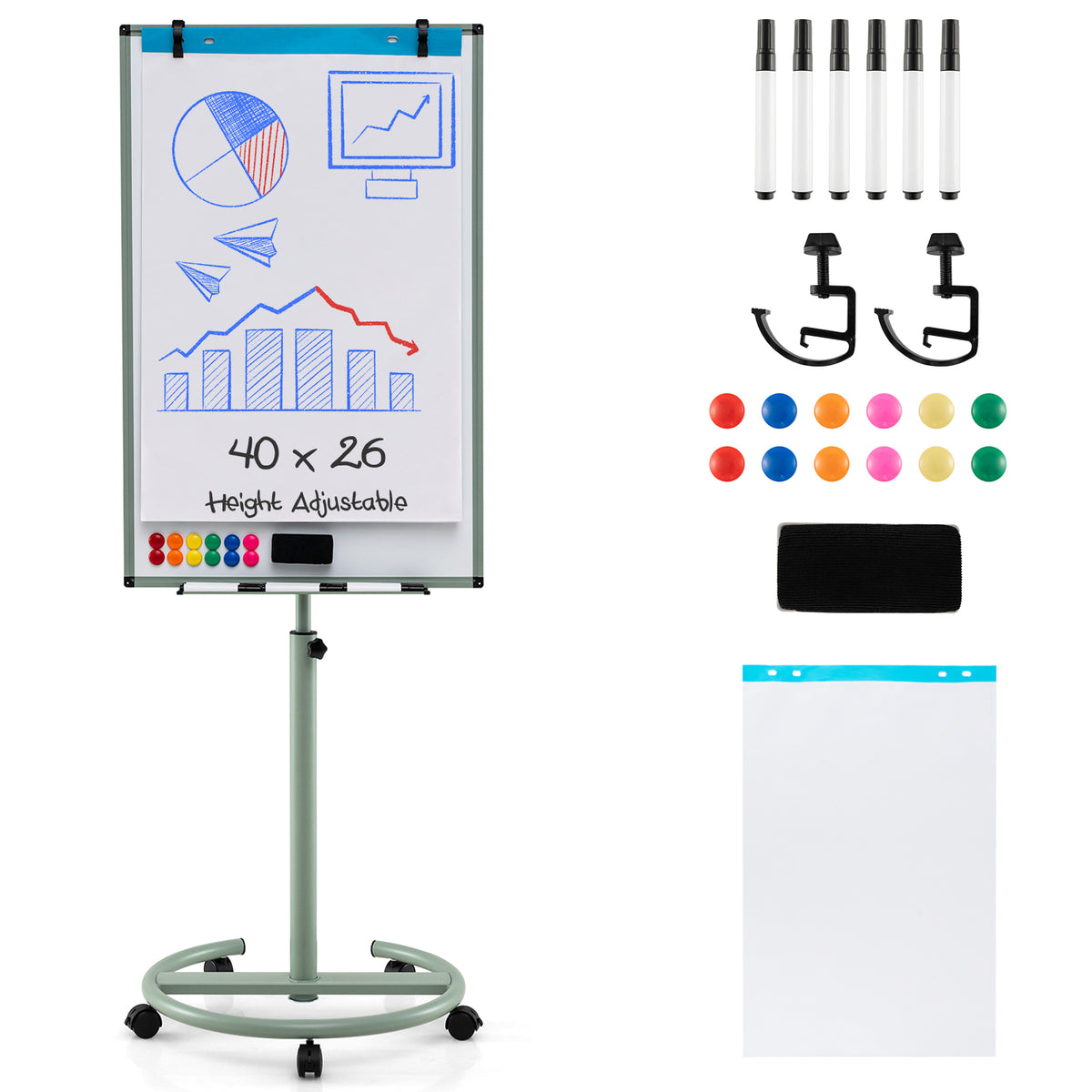 Height-Adjustable Mobile Whiteboard with Round Stand Paper Clips-White - Green