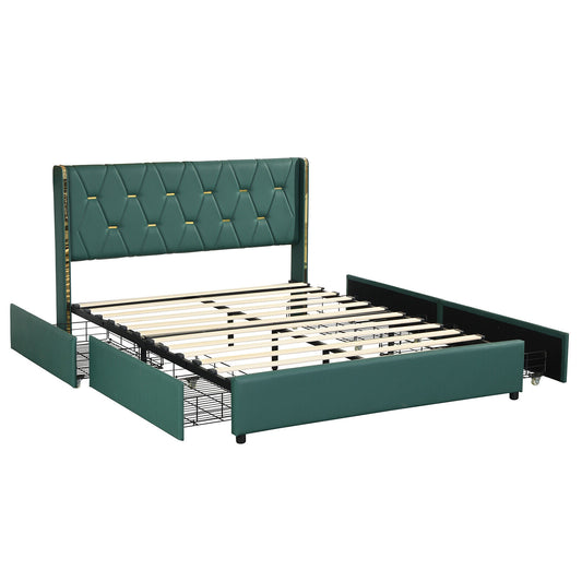 Full/Queen Size Upholstered Bed Frame with 4 Drawers-Green