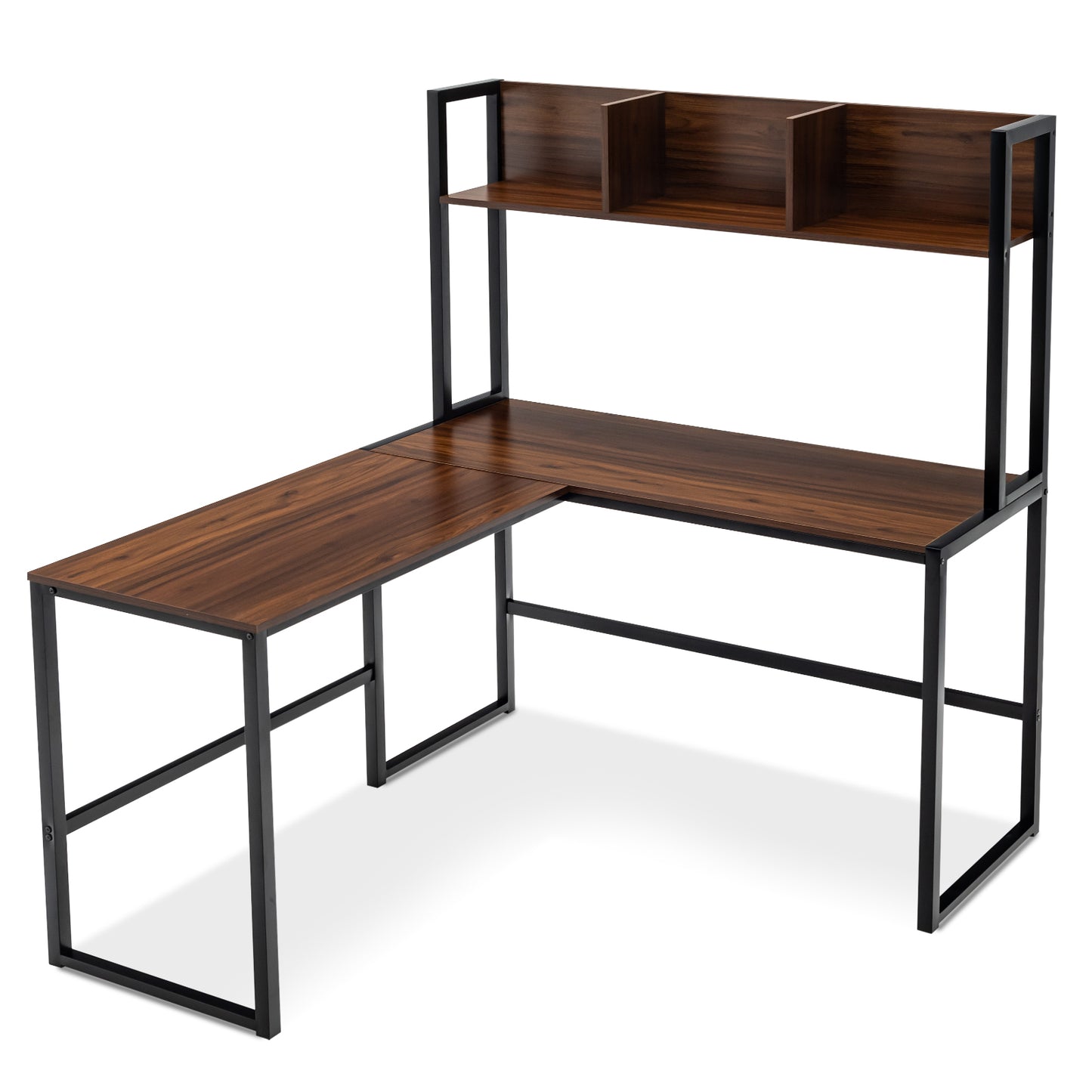 Reversible L-Shaped Corner Desk with Storage Bookshelf-Brown - Walnut