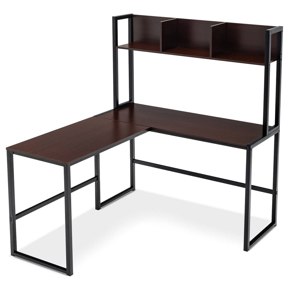 Reversible L-Shaped Corner Desk with Storage Bookshelf-Brown - Dark Brown