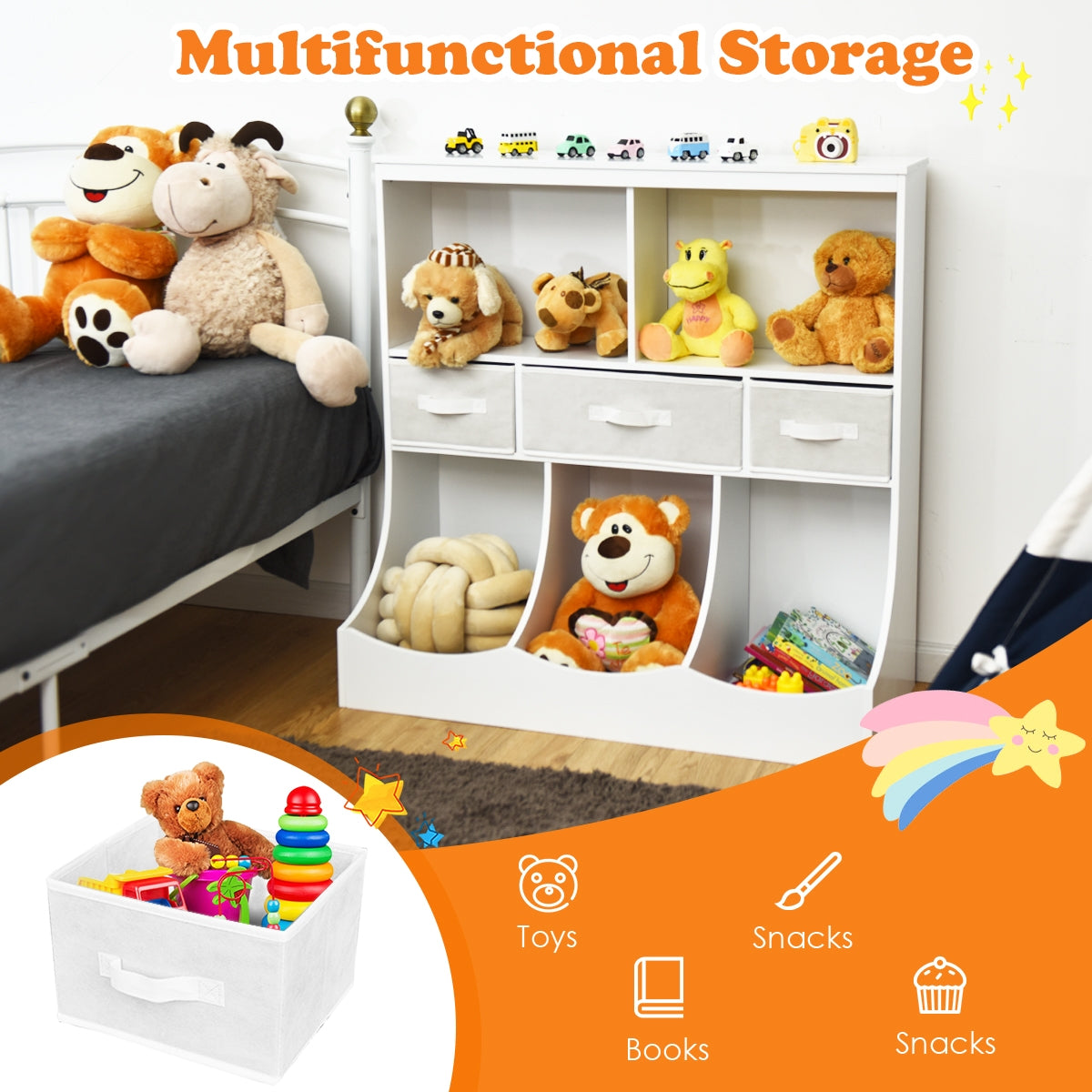 Freestanding Combo Cubby Bin Storage Organizer Unit W/3 Baskets-Brown - White