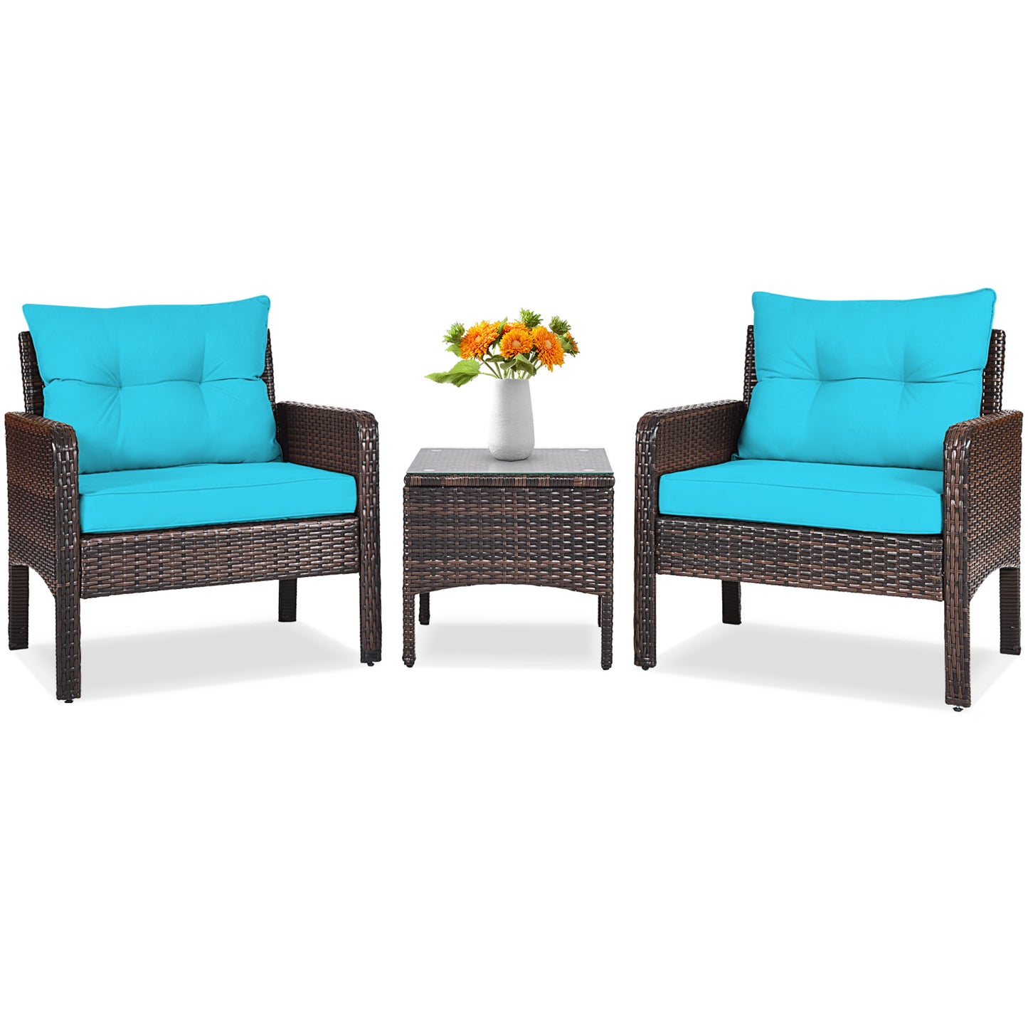 3 Pcs Outdoor Patio Rattan Conversation Set with Seat Cushions-Black - Turquoise